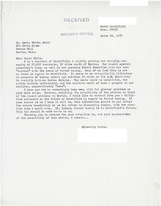 Correspondence between Mayor Kevin White and a woman from Marshfield, Massachusetts