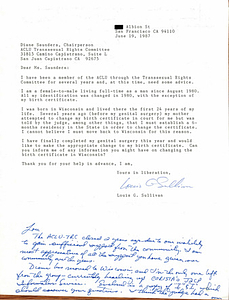 Correspondence from Lou Sullivan to Diane Saunders (June 19, 1987)