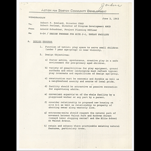 Memorandum from Arnold Schuchter to Robert F. Rowland and Robert Perlman about design program for site J-1, totlot facility and memorandum from Robert Perlman to Robert Rowland about guidelines for totlots