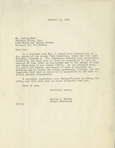 A letter from Calvin Martin to Leslie Mann (October 10, 1951)