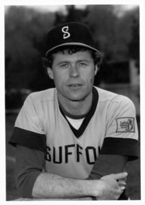 Suffolk University baseball coach Joseph Walsh on the field, 1982
