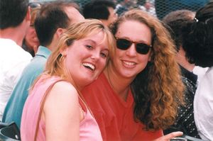 Two women pose at Suffolk University Law School outing to Fenway Park