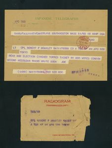Telegram from John Joseph Moakley to brother Robert Moakley regarding election results, 19 September 1952