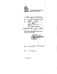 Note from Larry Storrs, Congressional Research Service, Library of Congress, to John Joseph Moakley and James P. McGovern regarding request for information on costs of U.S. operations in El Salvador