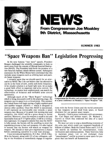 Newsletter: "News from Congressman Moakley 'Space Weapons Ban Legislation Processing'"