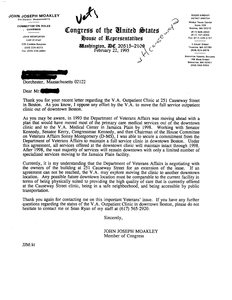 Constituent correspondence with John Joseph Moakley regarding the Veterans Administration (V.A,.) Outpatient Clinic at 251 Causeway St. in Boston