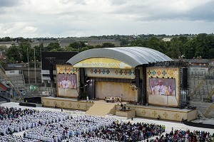 View of the altar, with the Papal Legate, His Eminence Marc, Cardinal Ouellet shown on the large screen as he spoke at the 2012 50th Eucharistic Congress, Final Day Ceremony, 17th June, at Croke Park GAA Stadium, Dublin