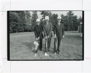 Law Library exterior: groundbreaking with J. Donald Monan, Aviam Soifer, and John J. Curtin, Jr