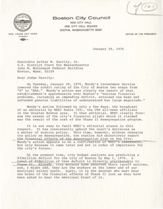 Letter from Louise Day Hicks, President of the Boston City Council, to Judge W. Arthur Garrity, 1976 January 29