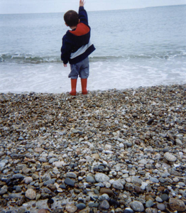 Daniel throwing a rock into Vineyard Sound on a cold June day