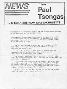 Statement of Senator Paul Tsongas on the assassination-attempt on the President of the United States