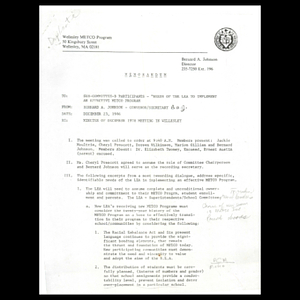 Meeting minutes, Wellesley METCO program, December 23, 1986.