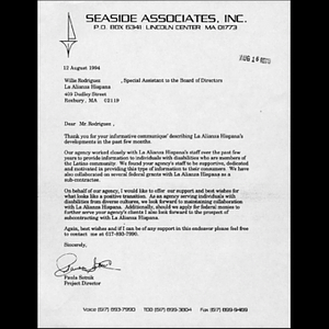Letter from Paula Sotnik of Seaside Associates to Willie Rodriguez.