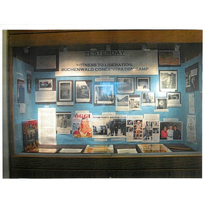 Photo of library display entitled "Yesterday: Witness to liberation: Buchenwald Concentration Camp."
