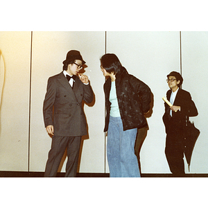 Performers in a theatrical sketch in the Josiah Quincy School auditorium about the normalization of U.S. and China relations