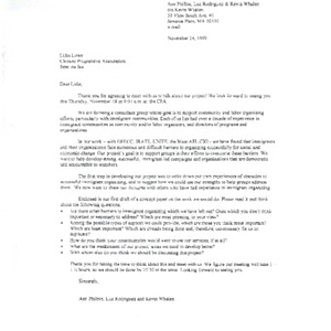 Letter to Lydia Lowe regarding the formation of a consultant group focusing on community and labor organizing in immigrant communities