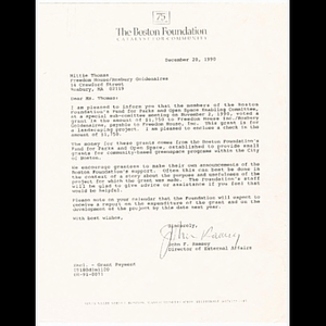 Letter from John F. Ramsey to Mittie Thomas regarding grant to Freedom House, Inc for landscaping project