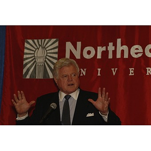 U.S. Senator Edward Kennedy (D-MA) gestures at the podium during a press conference on student aid