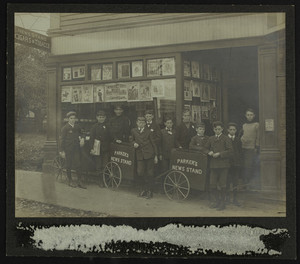 Newsboys at Parker's News Stand, Medford, Mass., 1903