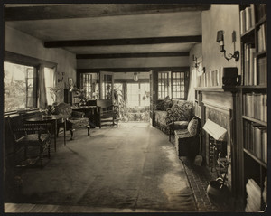 Interior view of the Dreier House, living room, looking toward plant room, Winchester, Mass., undated