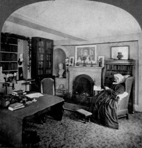 Portrait of Abba May Alcott, sitting in a chair in the study, facing left, A. Bronson Alcott House, Concord, Mass., undated