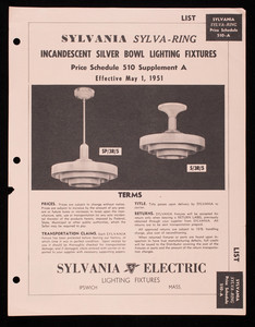 Sylvania Sylva-Ring Incandescent Silver Bowl Lighting Fixtures, price schedule 510 supplement A, Sylvania Electric Lighting Fixtures, Ipswich, Mass.