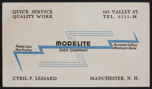 Trade card for Modelite Sign Company, 681 Valley Street, Manchester, New Hampshire, undated