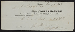 Billhead for Rufus Mosman, dealer in all kinds of hard and soft coal for grates and Smiths' use, corner of Cross and Fulton Streets, Boston, Mass., dated January 18, 1845