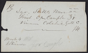 Prescription for coughs, J. Skinner, location unknown, dated March 4, 1878
