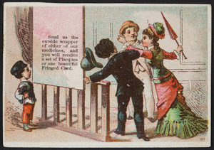 Trade card for Melvin's Vegetable Pills, Nerve Liniment and Cough Syrup, Dr. J. Melvin Co., Woburn, Mass., undated