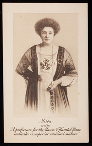 Trade card portrait of singer Nellie Melba, Mason & Hamlin Pianos, Boston, Mass.