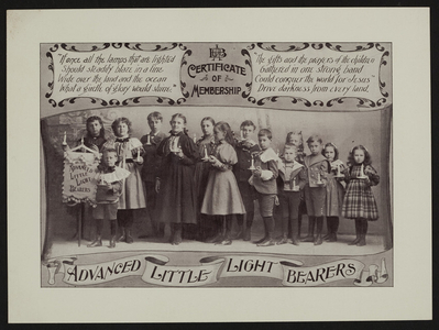 Membership certificate for the Advanced Little Light Bearers, New England Branch of the Woman's Foreign Missionary Society of the Methodist Episcopal Church, 21 Lagrange Street, Worcester, Mass., undated