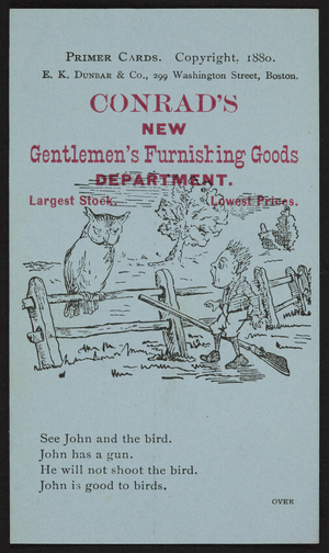 Trade card for Conrad's new Gentlemen's Furnishing Goods Department, Boston, Mass., 1880