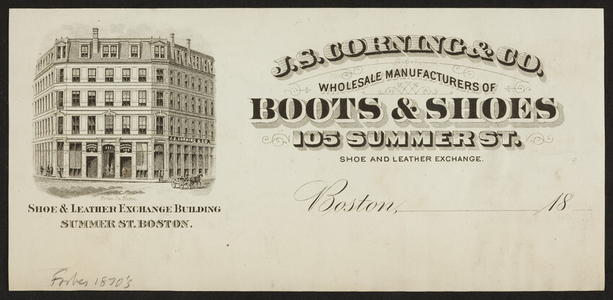Billhead for J.S. Corning & Co., boots & shoes, 105 Summer Street, Boston, Mass., ca. 1800