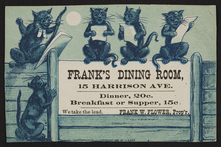 Trade card for Frank's Dining Room, Frank W. Flower, 15 Harrison Ave, Boston, Mass., 1881