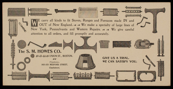 Postcard, S.M Howes Co., stoves, ranges and furnaces, 40-42-44-46 Union Street, Boston, Mass.