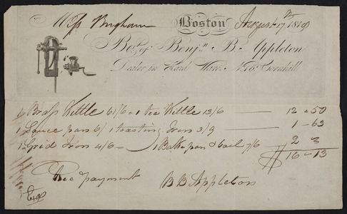 Billhead, Benjamin B. Appleton, dealer in hard ware, No. 16 Cornhill, Boston, Mass., dated August 17, 181-