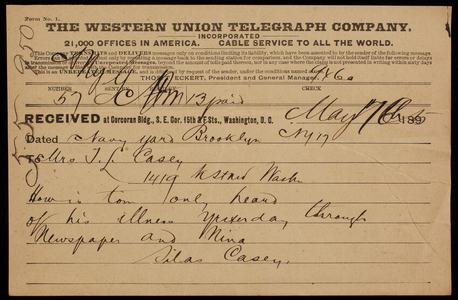 Admiral Silas Casey to [Emma Weir] Casey, May 17,1895, telegram