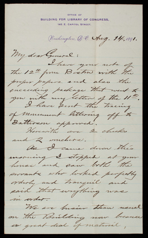 [Bernard R.] Green to Thomas Lincoln Casey, August 14, 1891