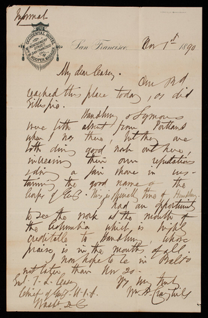 [William] P. Craighill to Thomas Lincoln Casey, November 1, 1890