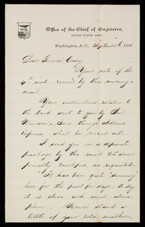 [William] J. Warren to Thomas Lincoln Casey, September 6, 1890