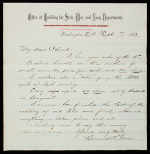 Bernard R. Green to Thomas Lincoln Casey, September 7, 1883