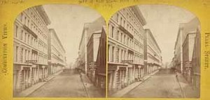 Pearl Street. Boston, Mass. Combination view depicting Pearl Street before and after the fire of 9-10 November 1872.