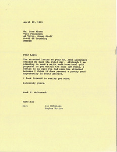 Letter from Mark H. McCormack to Lars Ahren