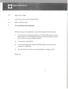Memorandum from Mark H. McCormack to John Oney, Peter Smith and Buzz Hornett