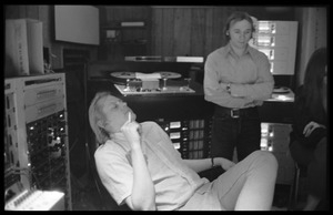 Bill Halverson (sound engineer) and Stephen Stills (l. to r.) in the control room at Wally Heider Studio 3 during production of the first Crosby, Stills, and Nash album