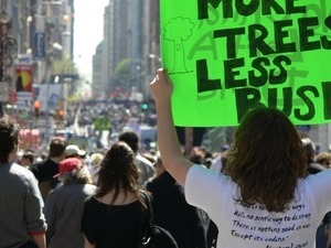 Protester raising a sign 'More trees, less Bush,' marching in the streets to oppose the war in Iraq