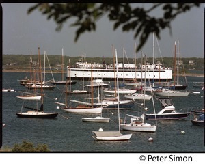 M/V Islander ferry from Woods Hole with moored boats in the harbor at Vineyard Haven, Marthas Vineyard
