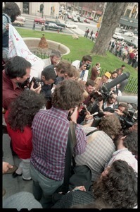 News media packed on the front steps of the Hampshire County Courthouse, interviewing Amy Carter after her acquittal in the CIA protest case