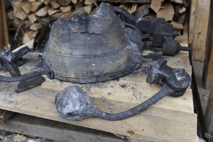 Aftermath of the Congregational Church fire in West Cummington, Mass.: charred ruins of the church bell
